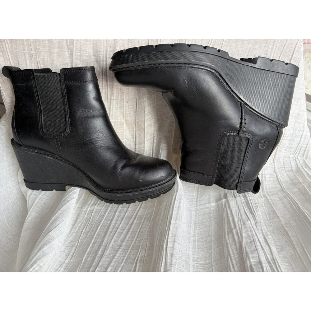 Timberland Defender Women's Black Leather Chelsea Ankle Wedge Boots US 8.5